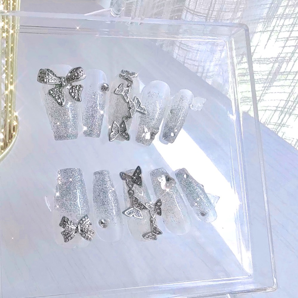 Reusable silver glitter white bow charm wedding nail handmade press on nail
